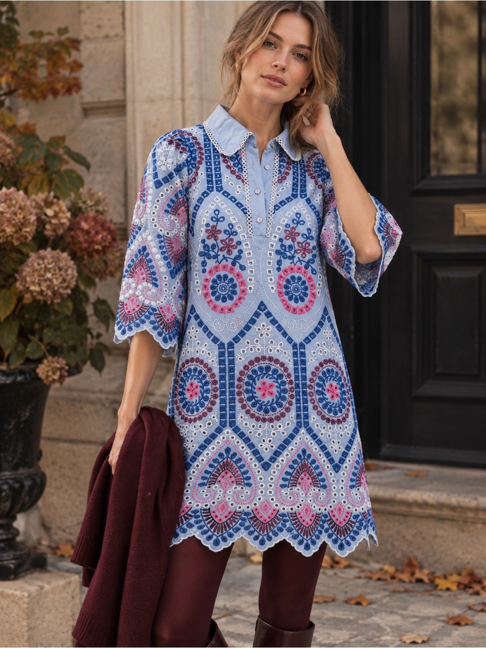 Entro Embroidered Eyelet Mini Dress Blue Pink Puff Sleeve Scalloped Size S